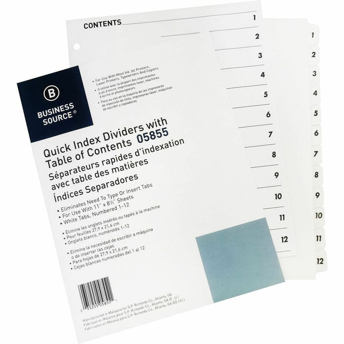 Business Source Table of Content Quick Index Dividers - Printed Tab(s) - Digit - 1-12 - 12 Tab(s)/Set - 8.50" (215.90 mm) Divider Width x 11" (279.40 mm) Divider Length - 3 Hole Punched - White Divider - White Mylar Tab(s) - Tear Resistant, Reinforced, Pu