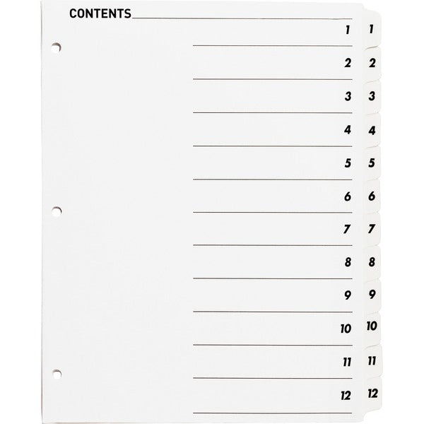 Business Source Table of Content Quick Index Dividers - Printed Tab(s) - Digit - 1-12 - 12 Tab(s)/Set - 8.50" (215.90 mm) Divider Width x 11" (279.40 mm) Divider Length - 3 Hole Punched - White Divider - White Mylar Tab(s) - 12 / Set