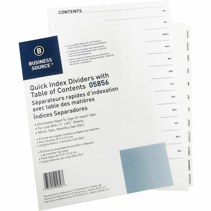 Business Source Jan-Dec Monthly Table of Contents Index Dividers - Printed Tab(s) - Month - January-December - 12 Tab(s)/Set - 8.50" (215.90 mm) Divider Width x 11" (279.40 mm) Divider Length - Letter - 3 Hole Punched - White Divider - White Mylar Tab(s)