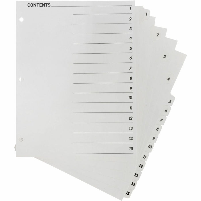 Business Source Table of Content Quick Index Dividers - Printed Tab(s) - Digit - 1-15 - 15 Tab(s)/Set - 8.50" (215.90 mm) Divider Width x 11" (279.40 mm) Divider Length - 3 Hole Punched - White Divider - White Mylar Tab(s) - 1 Set