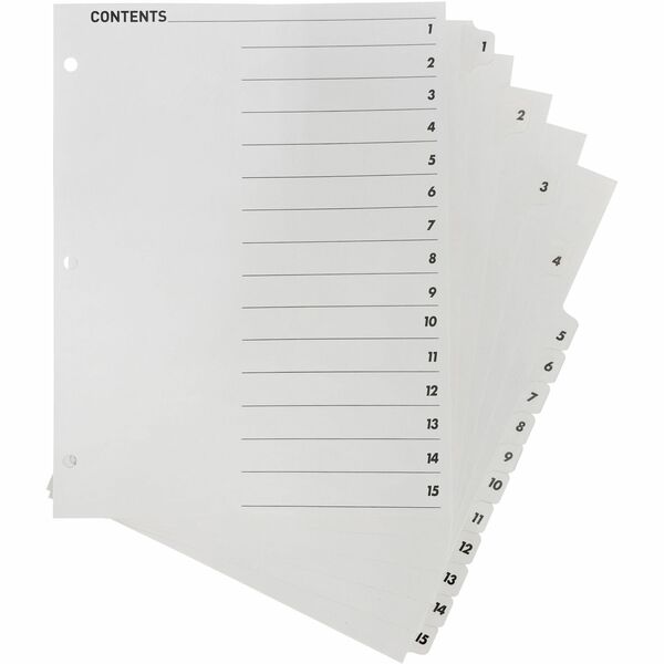 Business Source Table of Content Quick Index Dividers - Printed Tab(s) - Digit - 1-15 - 15 Tab(s)/Set - 8.50" (215.90 mm) Divider Width x 11" (279.40 mm) Divider Length - 3 Hole Punched - White Divider - White Mylar Tab(s) - 15 / Set
