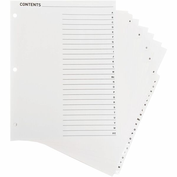 Business Source A-Z Tab Table of Contents Index Dividers - Printed Tab(s) - Character - A-Z - 25 Tab(s)/Set - 8.50" (215.90 mm) Divider Width x 11" (279.40 mm) Divider Length - Letter - 3 Hole Punched - White Divider - White Mylar Tab(s) - 25 / Set