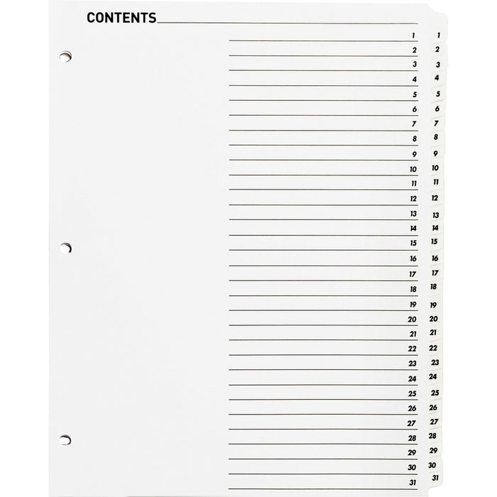 Business Source Table of Content Quick Index Dividers - Printed Tab(s) - Digit - 1-31 - 31 Tab(s)/Set - 8.50" (215.90 mm) Divider Width x 11" (279.40 mm) Divider Length - 3 Hole Punched - White Divider - White Mylar Tab(s) - 1 Set