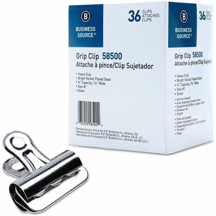 Business Source Bulldog Grip Clips - No. 1 - 1.25" (31.75 mm) Width - for Paper - Heavy Duty - Silver - 36 / Box