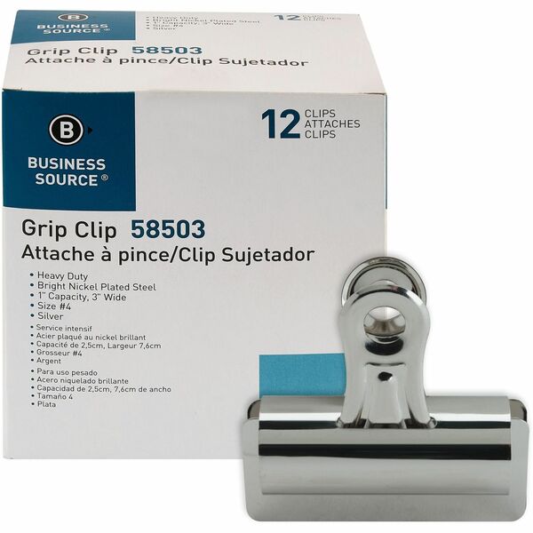 Business Source Bulldog Grip Clips - No. 4 - 3" (76.20 mm) Width - for Paper - Heavy Duty - Silver - 12 / Box