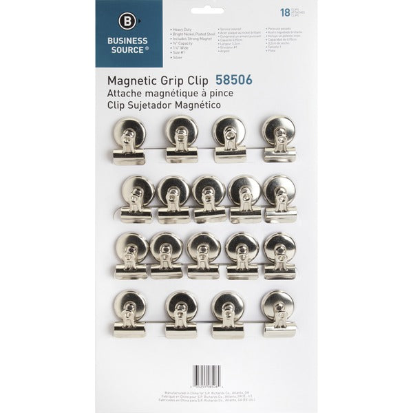 Business Source Magnetic Grip Clips Pack - No. 1 - 1.25" (31.75 mm) Width - for Paper - Magnetic, Heavy Duty - Silver - 18 / Box