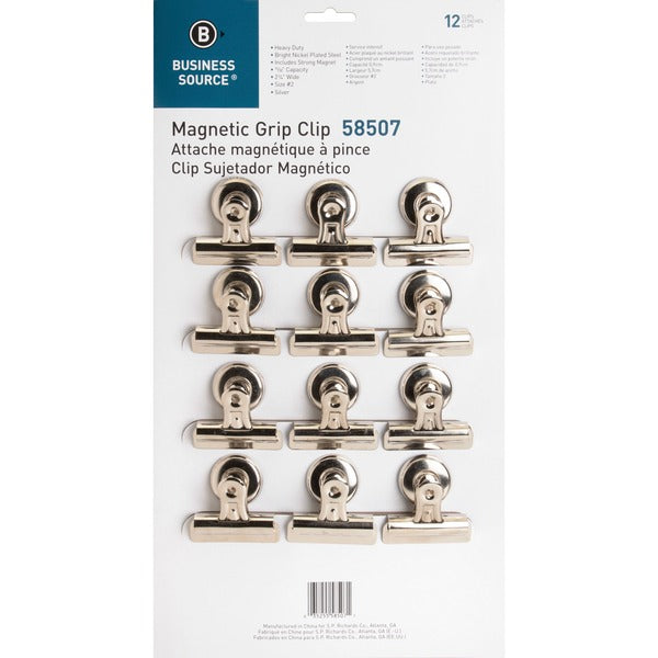 Business Source Magnetic Grip Clips Pack - No. 2 - 2.25" (57.15 mm) Width - for Paper - Magnetic, Heavy Duty - Silver - 12 / Box