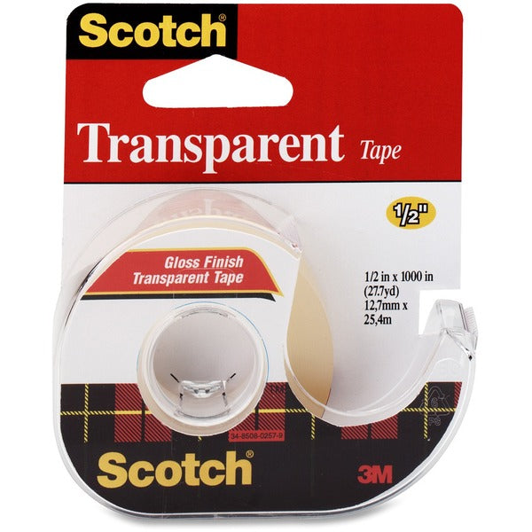 Scotch Gloss Finish Transparent Tape - 12.8 yd (11.7 m) Length x 0.50" (12.7 mm) Width - Transparent, Clear - Dispenser Included - Handheld Dispenser - For General Purpose, Multipurpose, Sealing, Wrapping, Mending, Label Protection - 1 Each