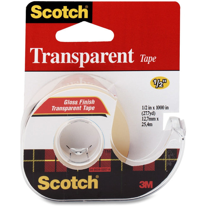 Scotch Gloss Finish Transparent Tape - 12.8 yd (11.7 m) Length x 0.50" (12.7 mm) Width - Transparent, Clear - Dispenser Included - Handheld Dispenser - For General Purpose, Multipurpose, Sealing, Wrapping, Mending, Label Protection - 1 Each