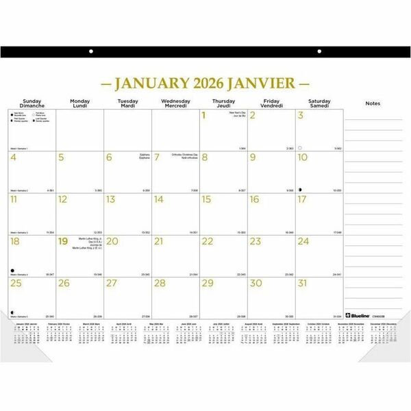 Blueline Gold Lines Monthly Desk Pad Calendar 22"x 17" , Bilingual - Bilingual - Julian Dates - Monthly - 12 Month - January 2026 to December 2026 - 1 Month Single Page Layout - Desk Pad - Clear - Vinyl - 1 Each