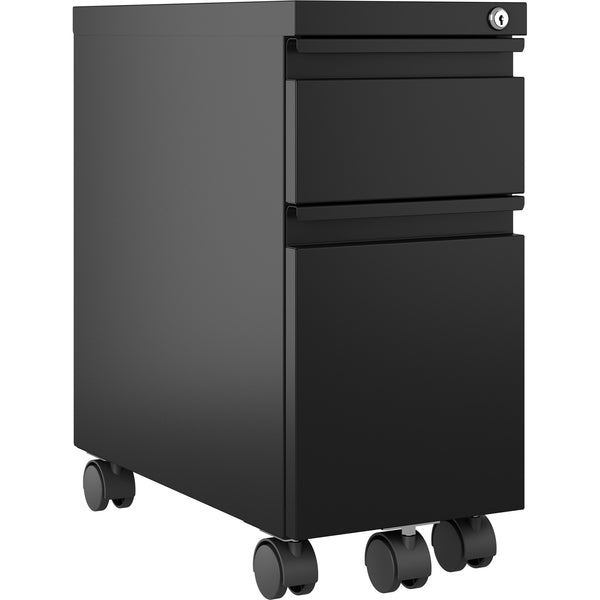 Lorell 5th Wheel Slim Pedestal - 10" (254 mm) Width x 19.9" (504.83 mm) Depth x 21.8" (552.45 mm) Height for File, Box - Letter, Legal - Anti-tip, Hanging Rail, Locking Drawer, Compact, Casters - Black - Metal - Recycled - Assembly Required