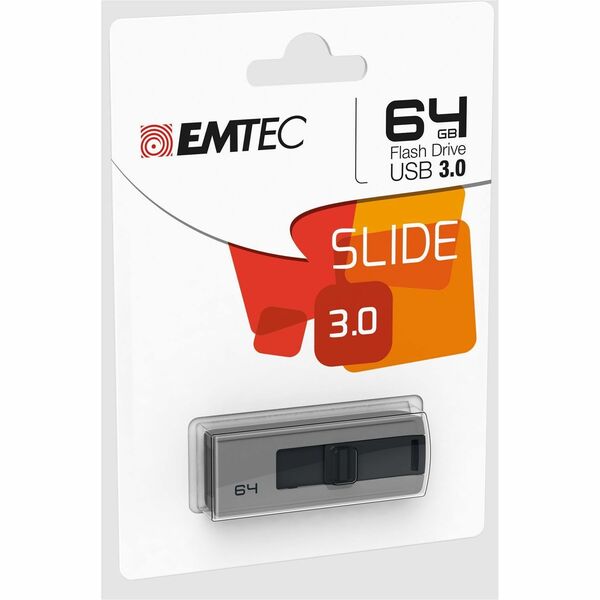 EMTEC Slide 3.0 USB Flash Drives 64 GB - 64 GB - USB 3.0 - 20 MB/s Read Speed - 10 MB/s Write Speed - Gray - 1 Each