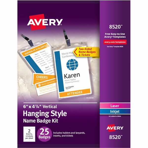 Avery&reg; Vertical Name Badges with Tickets Kit for Laser and Inkjet Printers, 4-1/4" x 6" - White, Black - 25 / Pack