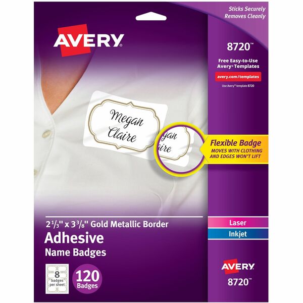 Avery&reg; Self-Adhesive Removable Name Tag Labels with Gold Metallic Border - 2.30" (58.42 mm) Width x 3.37" (85.60 mm) Height - 2.33" (59.18 mm) Holding Width x 3.38" (85.73 mm) Holding Height - Rectangular Shape - Flexible, Self-adhesive, Removable, Pr