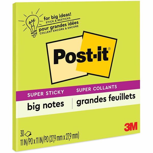 Post-it&reg; Super Sticky Big Notes - 30 x Green - 11" (279.40 mm) Flag/Note Width x 11" (279.40 mm) Flag/Note Length - Square - 30 Sheets per Pad - Green - Sticky, Removable - 1 Each