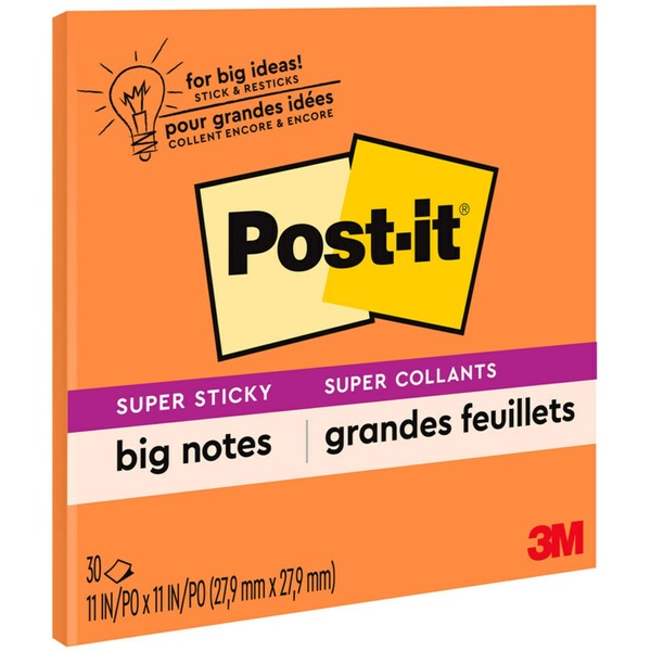 Post-it&reg; Super Sticky Big Note - 30 x Orange - 11" x 11" - Square - 30 Sheets per Pad - Orange - Sticky, Removable - 1 Each