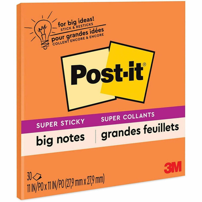 Post-it&reg; Super Sticky Big Note - 30 x Orange - 11" (279.40 mm) Flag/Note Width x 11" (279.40 mm) Flag/Note Length - Square - 30 Sheets per Pad - Orange - Sticky, Removable - No - 1 Each