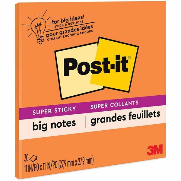 Post-it&reg; Super Sticky Big Note - 30 x Orange - 11" (279.40 mm) Flag/Note Width x 11" (279.40 mm) Flag/Note Length - Square - 30 Sheets per Pad - Orange - Sticky, Removable - 1 Each