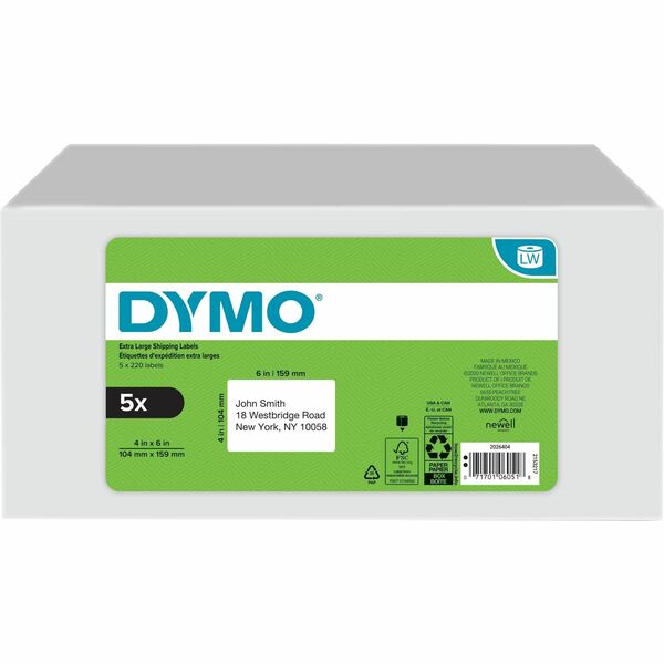 Dymo LabelWriter Extra Large Shipping Labels - 6" (152.40 mm) Height x 4" (101.60 mm) Width - Roll - Direct Thermal - Black on White - Paper - Peel & Stick, Self-adhesive, BPA Free - 220 / Roll - 1100 Total Label(s) - 1 Each