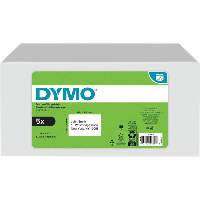 Dymo LabelWriter Extra Large Shipping Labels - 6" (152.40 mm) Height x 4" (101.60 mm) Width - Roll - Direct Thermal - Black on White - Paper - 220 / Roll - 1100 Total Label(s) - 5 / Pack
