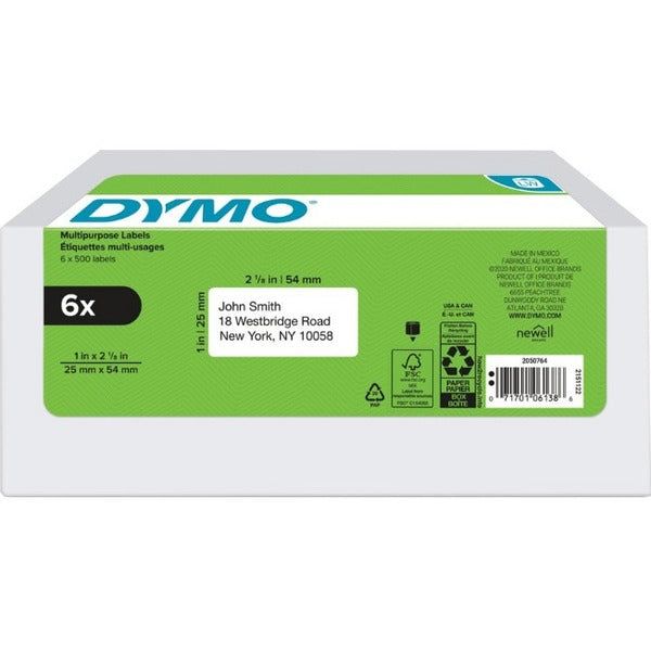 Dymo LabelWriter Multi-Purpose Labels, Value Pack - 1" (25.40 mm) Height x 2 1/8" (53.97 mm) Width - Roll - Rectangle - Direct Thermal - Black on White - Jam-free, Peel & Stick - 500 / Roll - 3000 Total Label(s) - 1 Each