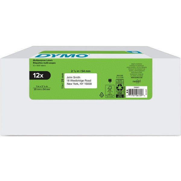 Dymo LabelWriter Multipurpose Label - 1" (25.40 mm) Height x 2 1/8" (53.97 mm) Width - Rectangle - Direct Thermal - White, Black - 500 / Roll - 1 Each