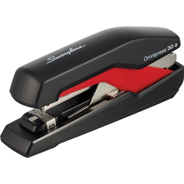 Swingline Rapid Omnipress 30 Stapler - 30 Sheets Capacity - 210 Staple Capacity - Full Strip - 1/4" Staple Size - 1 Each - Black, Red