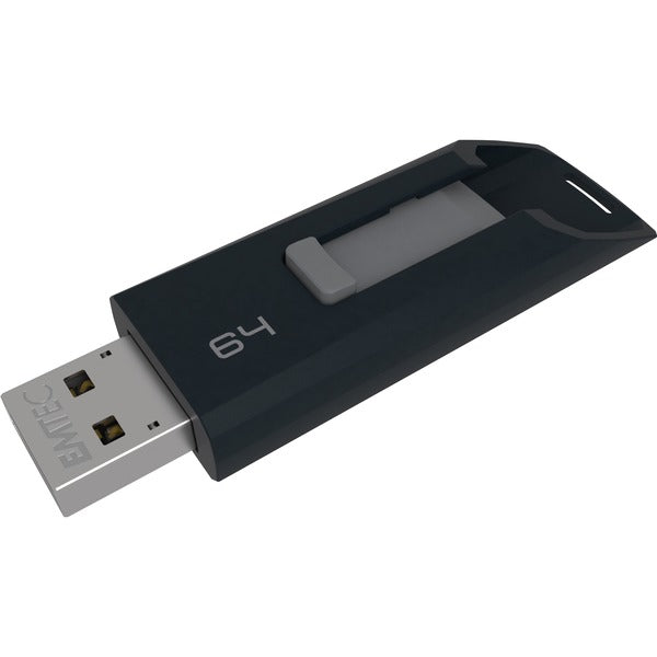 EMTEC 64GB Slide C450 USB 2.0 Flash Drive - 64 GB - USB 2.0 - 15 MB/s Read Speed - 5 MB/s Write Speed - Black - 1 Year Warranty - 1 Each