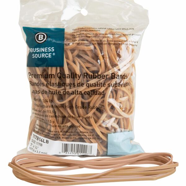 Business Source Rubber Bands - Size: #117B - 7" (177.80 mm) Length x 0.13" (3.18 mm) Thickness - Stretchable - Natural - 1 Bag