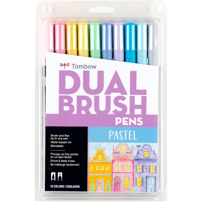 Tombow Dual Brush Pen Art Markers, Pastel, 10-Pack - Sky Blue, Pink, Light Ochre, Mint, Cool Gray, Lilac, Pale Yellow, Carnation, Mist Purple, Process Blue Ink - Water Based - Nylon Tip - 10 / Pack