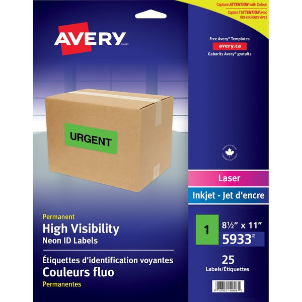 Avery&reg; High Visibility Neon ID Labels - 8 1/2" Width x 11" Length - Rectangle - Inkjet, Laser - Neon Green - Polyester - 25 / Sheet - 25 / Cartridge - 25 / Pack