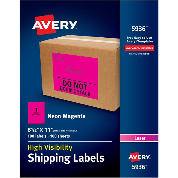 Avery&reg; High Visibility Neon Shipping Labels - 11" Height x 8 1/2" Width - Permanent Adhesive - Rectangle - Laser - Neon Magenta - Paper - 1 / Sheet - 500 Total Sheets - 500 Total Label(s) - 5 / Carton