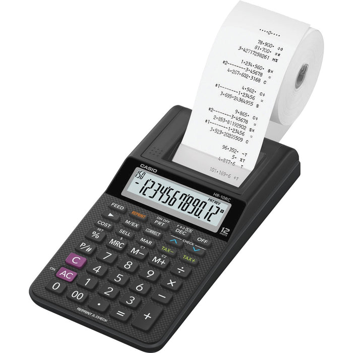 Casio HR-10RC Printing Calculator - 2 lps - Portable Printing/Display - 12 Digits - Battery Powered - 1.7" (42.16 mm) Height x 4" (101.60 mm) Width x 8.2" (208.28 mm) Length - Handheld - 1 Each