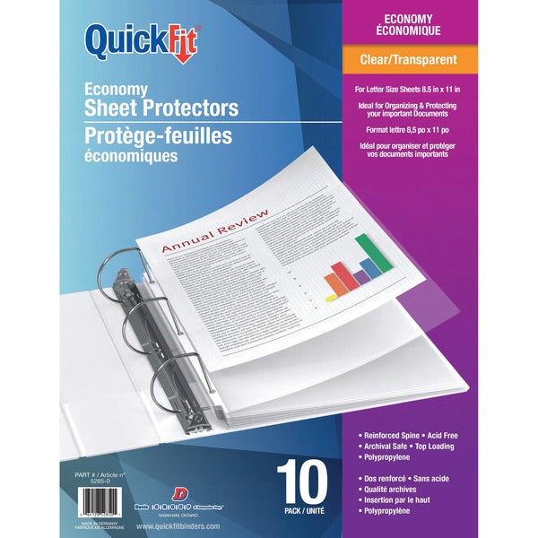 QuickFit Clear Economy Sheet Protectors - 8.5" (215.9 mm) Width x 11" (279.4 mm) Length - For Letter 8 1/2" (215.90 mm) x 11" (279.40 mm) Sheet - 3 x Holes - Rectangular - Clear - Polypropylene - 10 / Pack