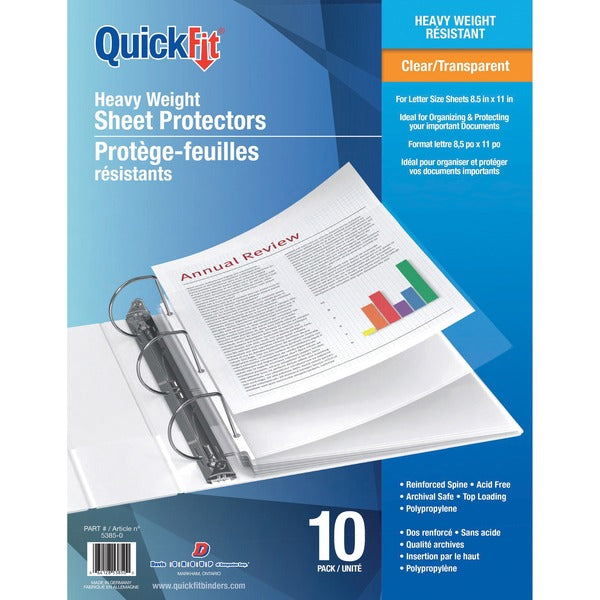 QuickFit Letter Heavy Weight Sheet Protectors - 8.5" (215.9 mm) Width x 11" (279.4 mm) Length - For Letter 8 1/2" (215.90 mm) x 11" (279.40 mm) Sheet - 3 x Holes - Rectangular - Clear - Polypropylene - 10 / Pack