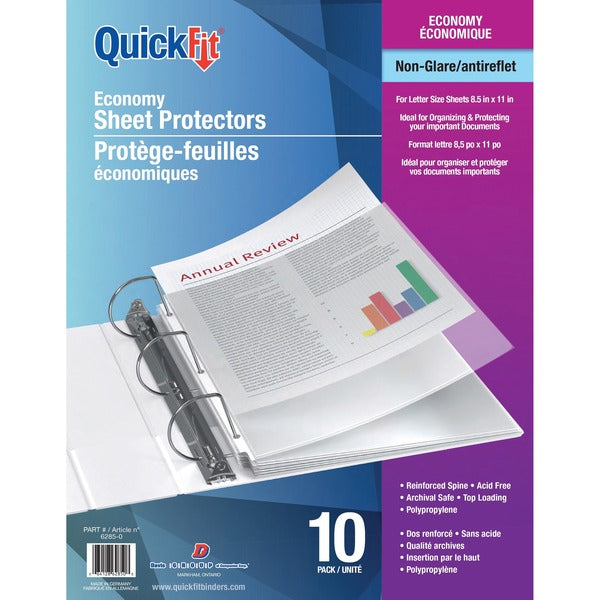 QuickFit Non-glare Economy Sheet Protectors - 8.5" (215.9 mm) Width x 11" (279.4 mm) Length - For Letter 8 1/2" (215.90 mm) x 11" (279.40 mm) Sheet - 3 x Holes - Rectangular - Polypropylene - 10 / Pack