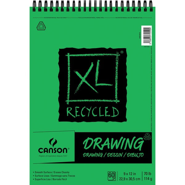 Canson XL Recycled Drawing - 60 Sheets - Twin Wirebound - 70 lb (31751.47 g) Basis Weight - 140 g/m² Grammage - 9" (228.60 mm) x 12" (304.80 mm) Sheet Size - White Paper - Micro Perforated, Removable, Smooth Surface, Acid-free Paper, Erasable - Recyc
