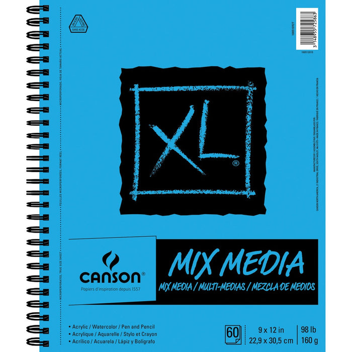 Canson XL Mix Media - 60 Sheets - 120 Pages - Plain - Wire Bound - 98 lb (44452.05 g) Basis Weight - 160 g/m² Grammage - 9" (22.86 cm) x 12" (30.48 cm) Sheet Size x 10 1/5" (25.91 cm) Width x 0.60" (15.24 mm) Depth x 12" (30.48 cm) Length - White Pap