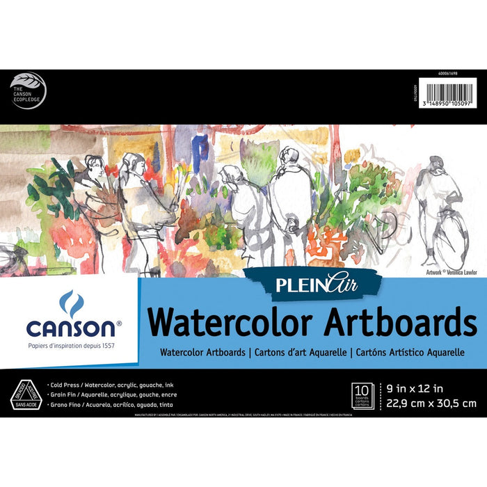 Canson Plein Air Montval Watercolor Art Board Pad - 10 Sheets - 20 Pages - Glued - 9" (22.86 cm) x 12" (30.48 cm) Sheet Size - Rigid, Acid-free, Heavyweight Cover - 1 Each