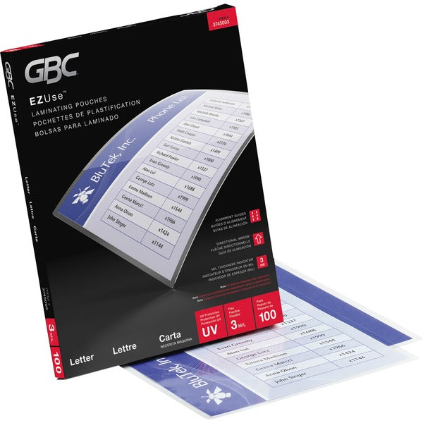 GBC EZUse Thermal Letter-size 3m Laminating Pouch - Sheet Size Supported: Letter 8.50" (215.90 mm) Width x 11" (279.40 mm) Length - Laminating Pouch/Sheet Size: 3 mil (0.08 mm) Thickness - Glossy, Crystal - Jam-free, Fade Resistant, Discoloration Resistan