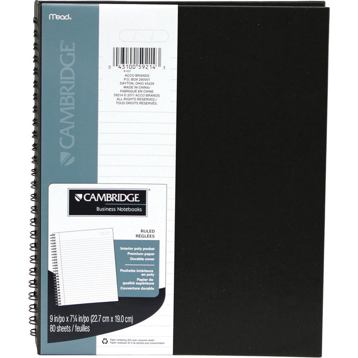 Cambridge Notebook - 80 Sheets - 160 Pages - Wire Bound - Ruled Margin - 9" (22.86 cm) x 7 1/4" (18.42 cm) Sheet Size - Hard Cover, Textured, Pocket - Recycled - 1 Each