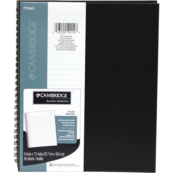 Cambridge Notebook - 80 Sheets - 160 Pages - Wire Bound - Ruled Margin - 9" (228.60 mm) x 7 1/4" (184.15 mm) Sheet Size - Hard Cover, Textured, Pocket - Recycled - 1 Each