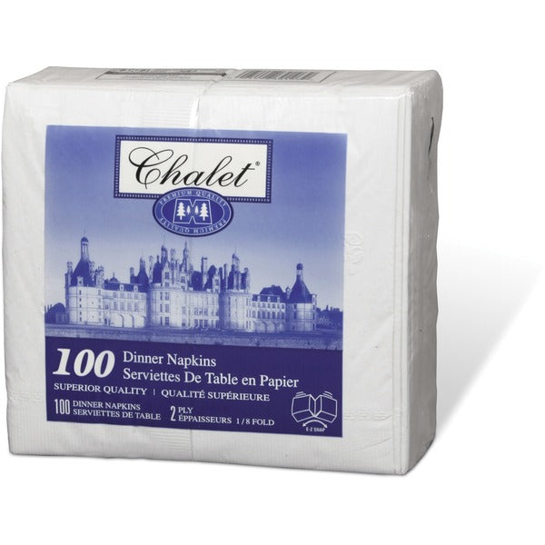 Chalet 2-ply Dinner Napkins - 2 Ply - 1/8 Fold - 15" (381 mm) Width x 16" (406.40 mm) Length - Swan's Head Embossed - White - 100/Pack - 100 / Pack