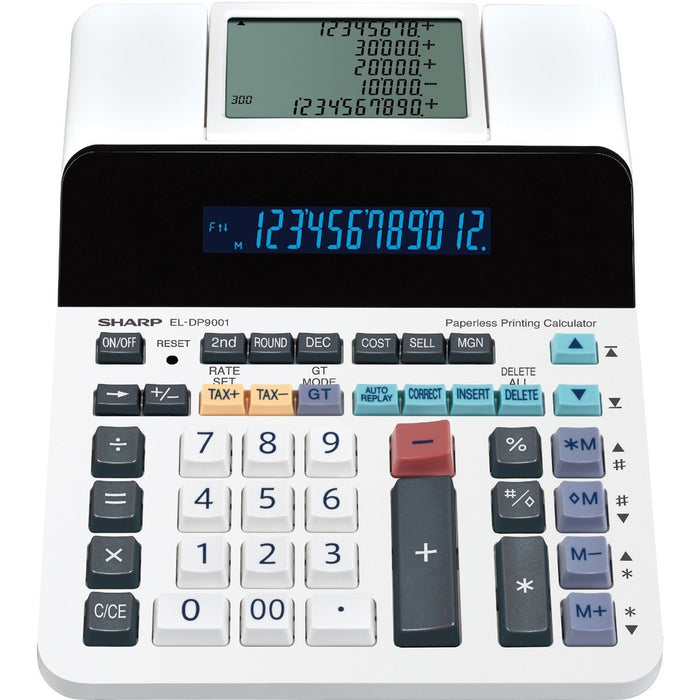 Sharp ELDP9001 Paperless Printing Calculator - Dual Power - 12 Digits - LCD - AC/DC Supply Powered - 2.6" (66.04 mm) Height x 7.6" (193.04 mm) Width x 10" (254 mm) Depth - White - Desktop - 1 Each