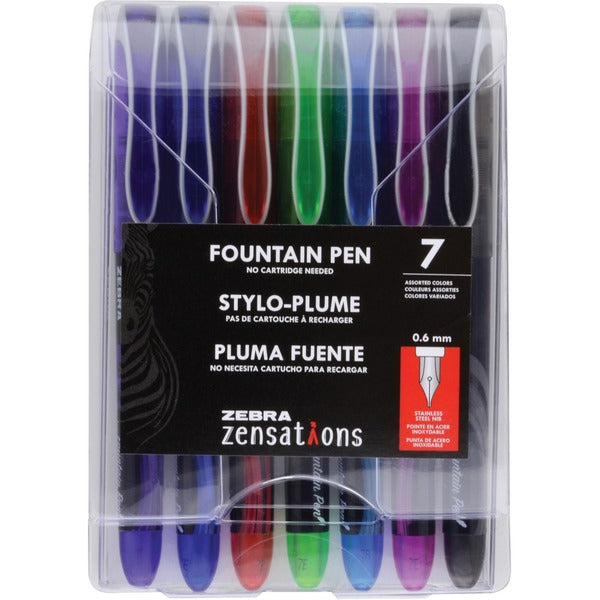Zebra Fountain Pen - 0.6 mm (0.02") Fine Pen Point - Black, Blue, Red, Teal, Purple, Turquoise, Pink Ink - Stainless Steel Tip - 7 / Pack