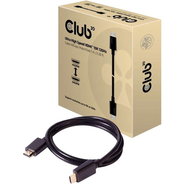 Club 3D Ultra High Speed HDMI&trade; Cable 10K 120Hz 48Gbps M/M 1 m./3.28 ft. - 3.3 ft (1 m) HDMI A/V Cable for Audio/Video Device - First End: 1 x 19-pin HDMI 2.1 Type A Digital Audio/Video - Male - Second End: 1 x 19-pin HDMI 2.1 Type A Digital Audio/Vi