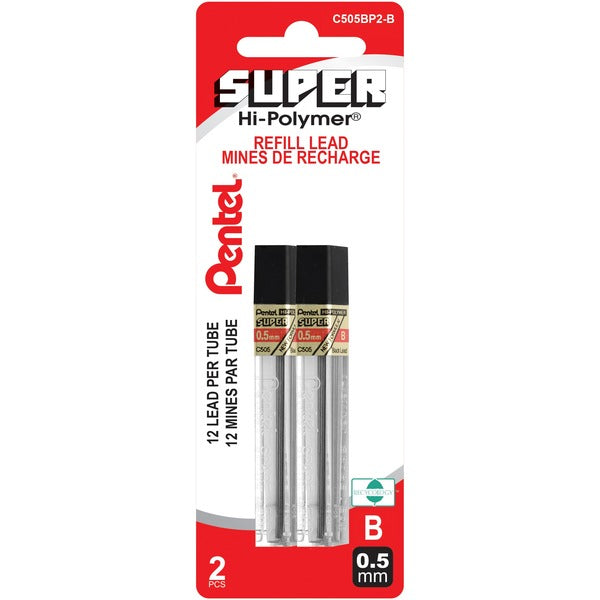 Pentel Super Hi-Polymer Pencil Refil - 0.5 mm (0.02") , Fine Point - B - Break Resistant, Wear Resistant, Strong - 12 / Tube