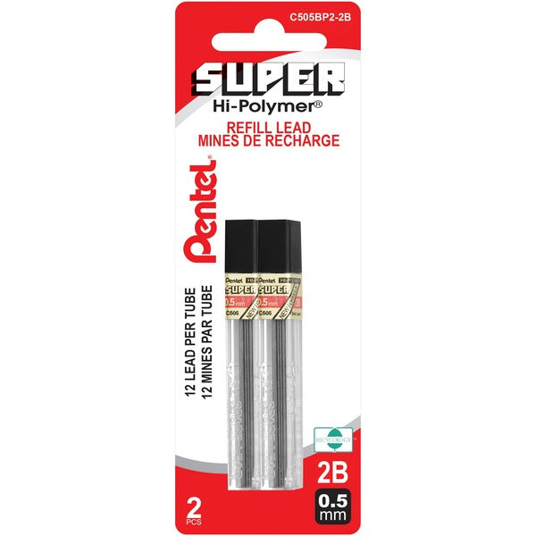Pentel Super Hi-Polymer Pencil Refil - 0.5 mm (0.02") , Fine Point - 2B - Break Resistant, Wear Resistant, Strong - 12 / Tube