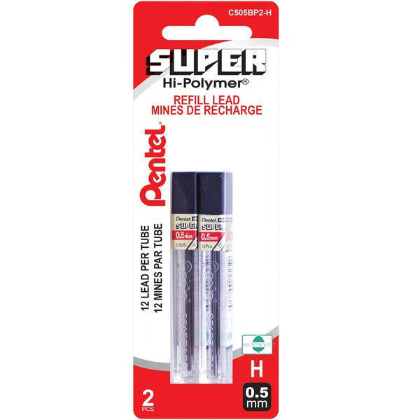 Pentel Super Hi-Polymer Pencil Refil - 0.5 mm (0.02") , Fine Point - H - Break Resistant, Wear Resistant, Strong - 12 / Tube