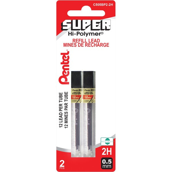 Pentel Super Hi-Polymer Pencil Refil - 0.5 mm (0.02") , Fine Point - 2H - Break Resistant, Wear Resistant, Strong - 12 / Tube